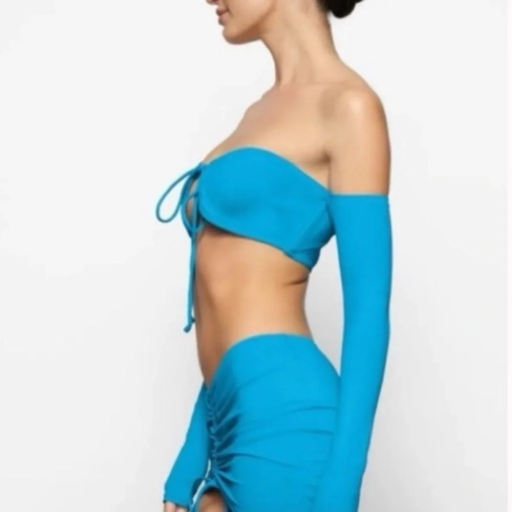 🆕 SKIMS SWIM Long Sleeve Bikini Top Recycled Turquoise XL Blue Off Shoulder NWT